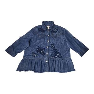 Chico’s Women’s Denim Shirt Jacket Embroidered Floral Button Front